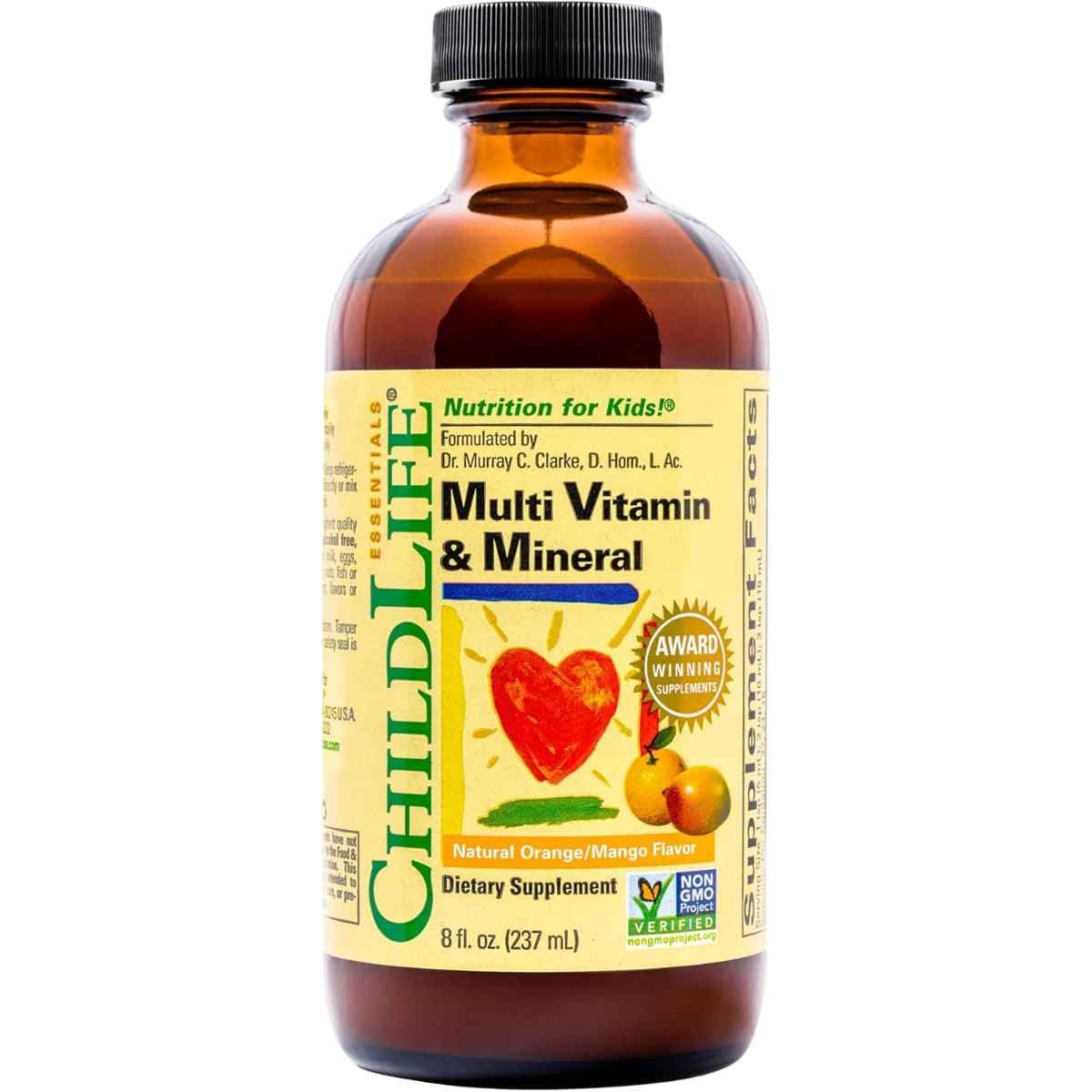 Frasco de suplemento ChildLife Essentials Multi Vitamin & Mineral de 237 ml con sabor naranja y mango.