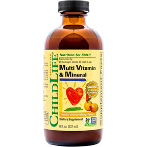 Frasco de suplemento ChildLife Essentials Multi Vitamin & Mineral de 237 ml con sabor naranja y mango.