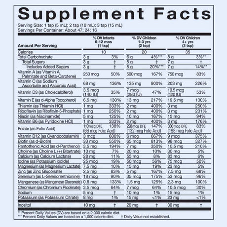 Tabla nutricional del suplemento ChildLife Essentials Multi Vitamin & Mineral detallando vitaminas y minerales por dosis.