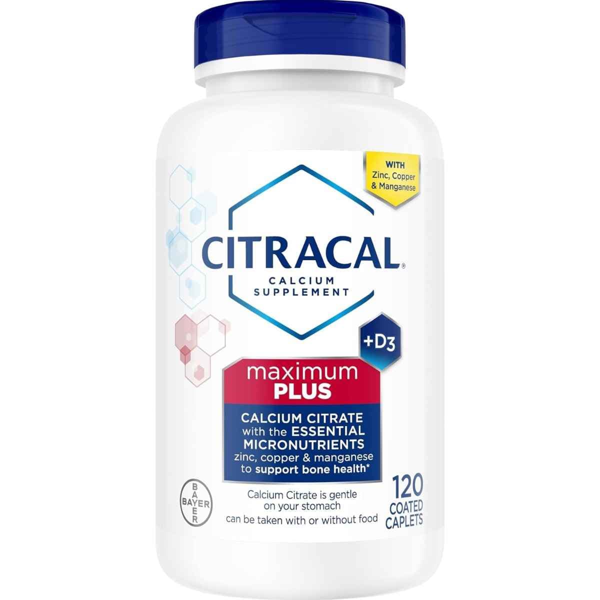 Frasco frontal de Citracal Maximum Plus con citrato de calcio y vitamina D3, 120 tabletas