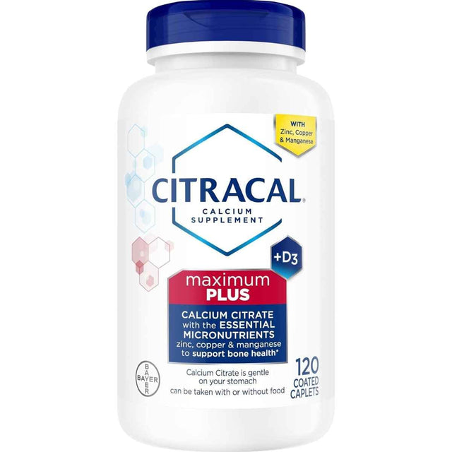 Frasco frontal de Citracal Maximum Plus con citrato de calcio y vitamina D3, 120 tabletas