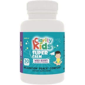 Frasco frontal de Clarity Kids Super Calm con 30 masticables