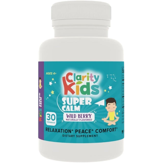 Frasco frontal de Clarity Kids Super Calm con 30 masticables