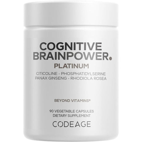 Frasco frontal de Codeage Cognitive Brainpower Platinum, presentación de 90 cápsulas vegetales.