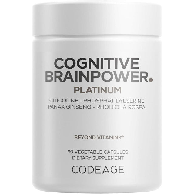 Frasco frontal de Codeage Cognitive Brainpower Platinum, presentación de 90 cápsulas vegetales.
