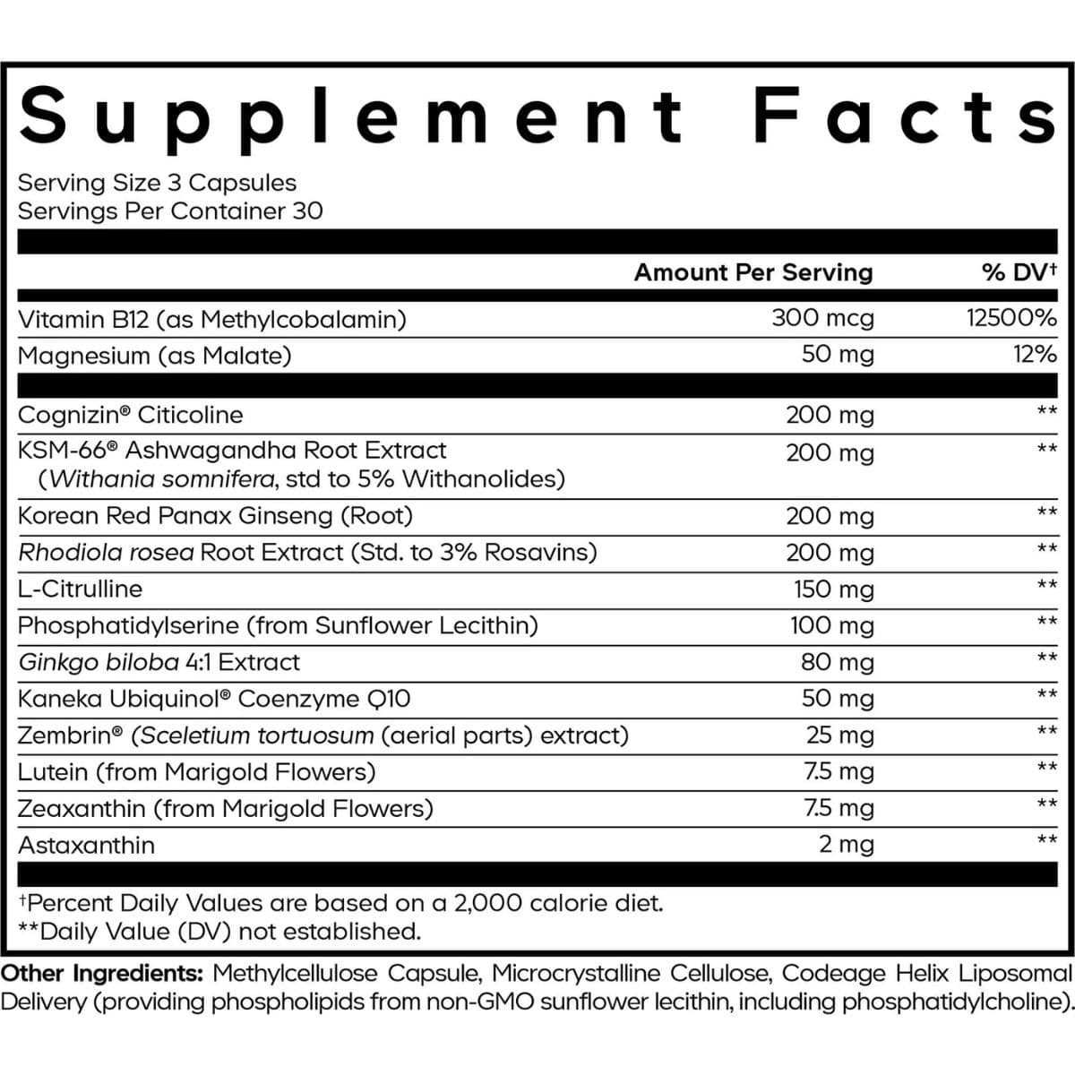 Tabla nutricional de Codeage Cognitive Brainpower Platinum con porción de 3 cápsulas, 30 porciones por envase e ingredientes activos.