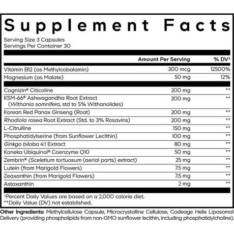 Tabla nutricional de Codeage Cognitive Brainpower Platinum con porción de 3 cápsulas, 30 porciones por envase e ingredientes activos.