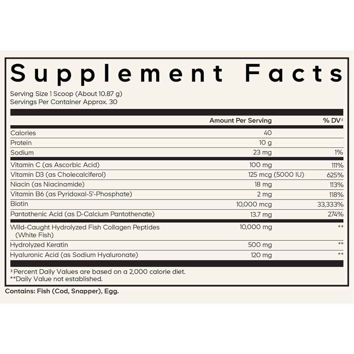 Tabla nutricional del suplemento Codeage Colágeno Marino Salvaje Platinum 326 g Polvo