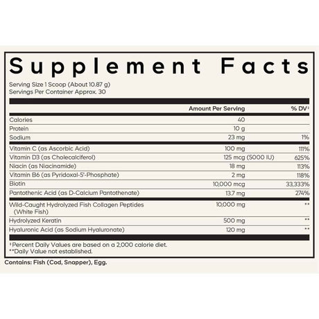 Tabla nutricional del suplemento Codeage Colágeno Marino Salvaje Platinum 326 g Polvo