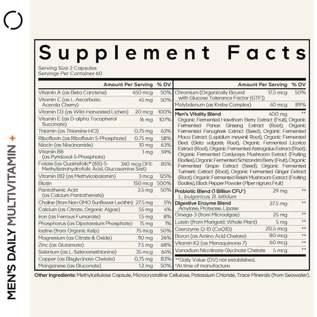 Tabla nutricional del suplemento Codeage Multivitamínico Fermentado para Hombres 120 cápsulas vegetales