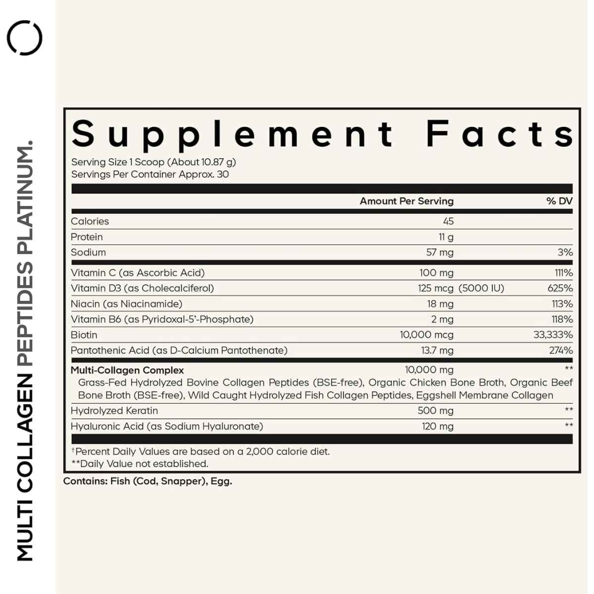 Tabla nutricional del suplemento Codeage Péptidos de Colágeno Múltiple Platinum 326 g