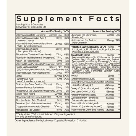 Tabla nutricional del suplemento Codeage Teen Fermented Multivitamin+ 60 cápsulas vegetales