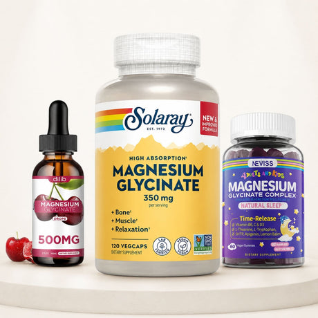 Colección de glicinato de magnesio con suplementos Solaray Magnesium Glycinate, Dilib Magnesium Glycinate Drops y Neviss Magnesium Glycinate Complex Gummies