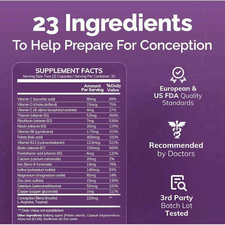 Tabla nutricional del suplemento Conceive Plus Soporte a la Fertilidad con Folato 60 cápsulas