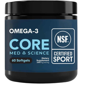 Frasco frontal de Core Med Science Omega-3 TG, presentación de 60 cápsulas blandas.