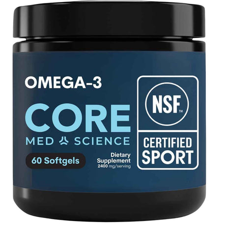 Frasco frontal de Core Med Science Omega-3 TG, presentación de 60 cápsulas blandas.