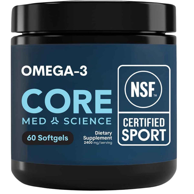 Frasco frontal de Core Med Science Omega-3 TG, presentación de 60 cápsulas blandas.