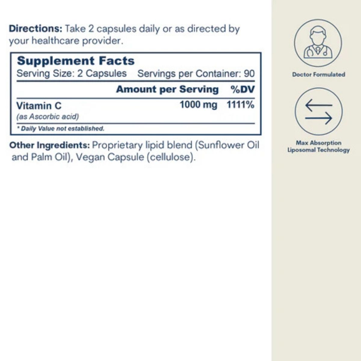 Etiqueta de información suplementaria de Core Med Science Vitamina C Liposomal de 180 cápsulas