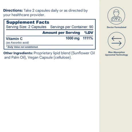 Etiqueta de información suplementaria de Core Med Science Vitamina C Liposomal de 180 cápsulas