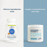 Envase de Core Med Science Vitamina C Liposomal de 180 cápsulas comparando la nueva presentación