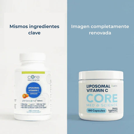 Envase de Core Med Science Vitamina C Liposomal de 180 cápsulas comparando la nueva presentación