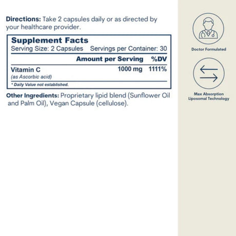 Etiqueta de información suplementaria de Core Med Science Vitamina C Liposomal de 60 cápsulas