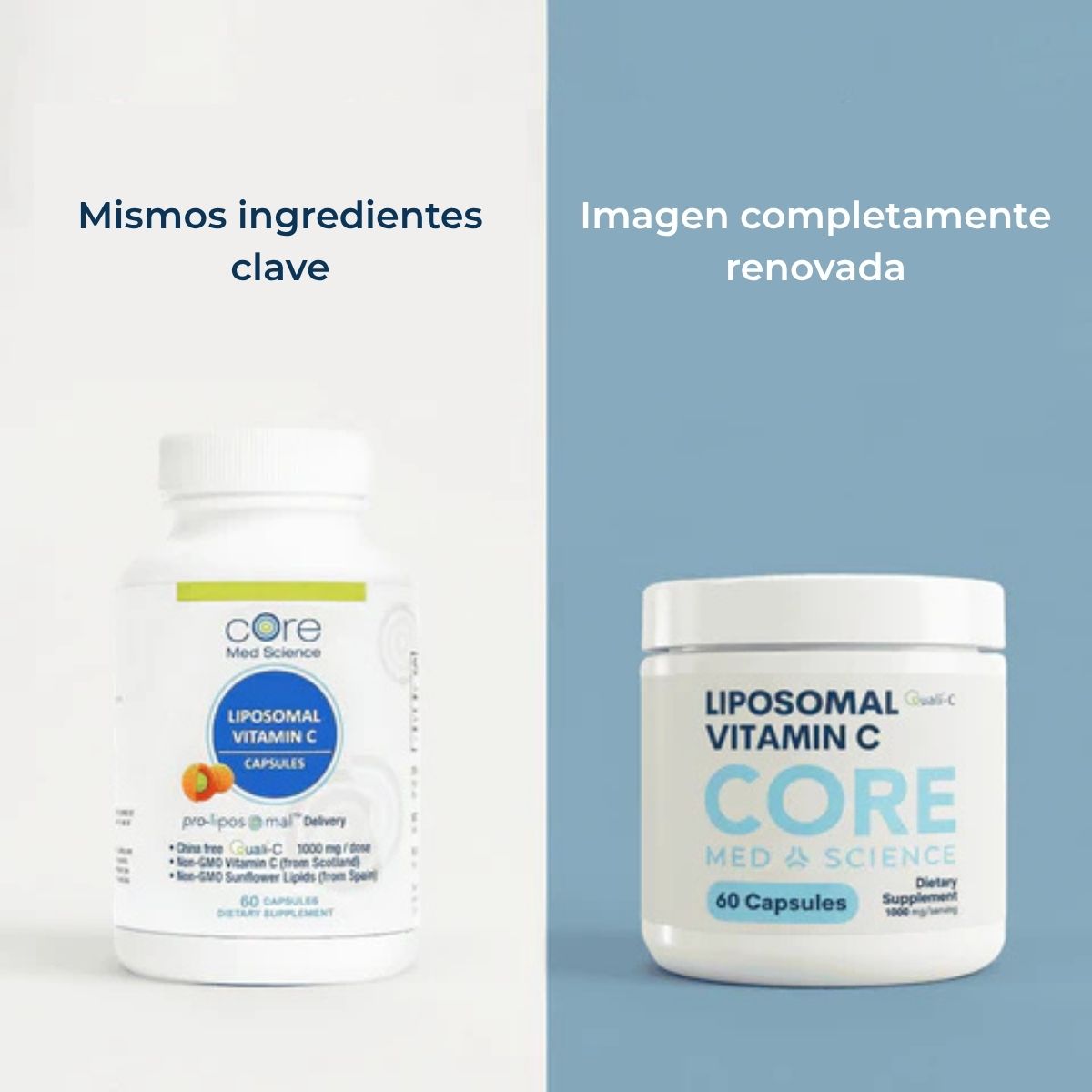 Envase de Core Med Science Vitamina C Liposomal de 60 cápsulas comparando la nueva presentación