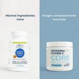Envase de Core Med Science Vitamina C Liposomal de 60 cápsulas comparando la nueva presentación