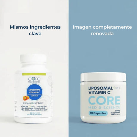 Envase de Core Med Science Vitamina C Liposomal de 60 cápsulas comparando la nueva presentación