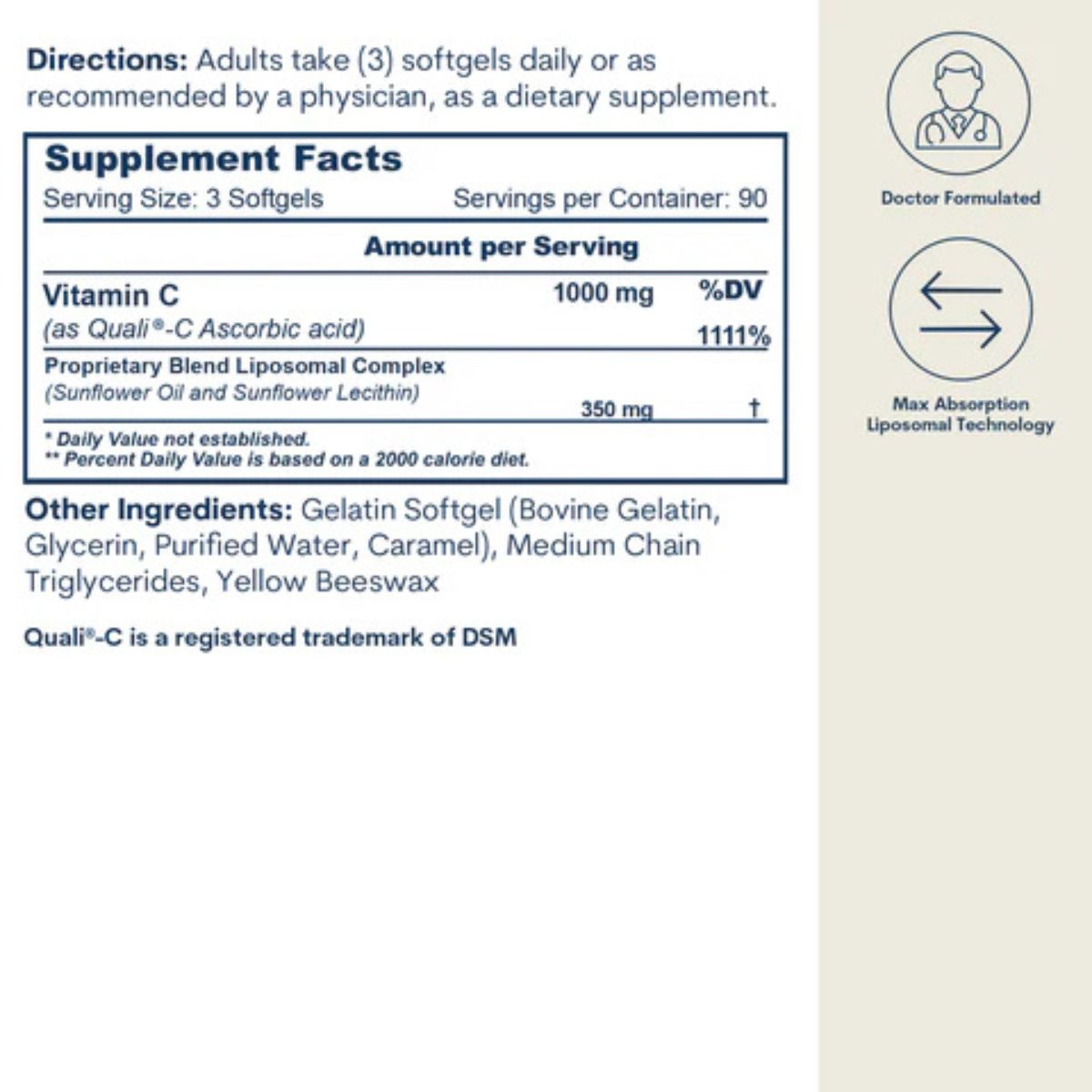 Etiqueta de información suplementaria de Core Med Science Vitamina C Liposomal de 270 cápsulas blandas