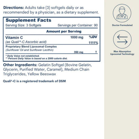 Etiqueta de información suplementaria de Core Med Science Vitamina C Liposomal de 270 cápsulas blandas