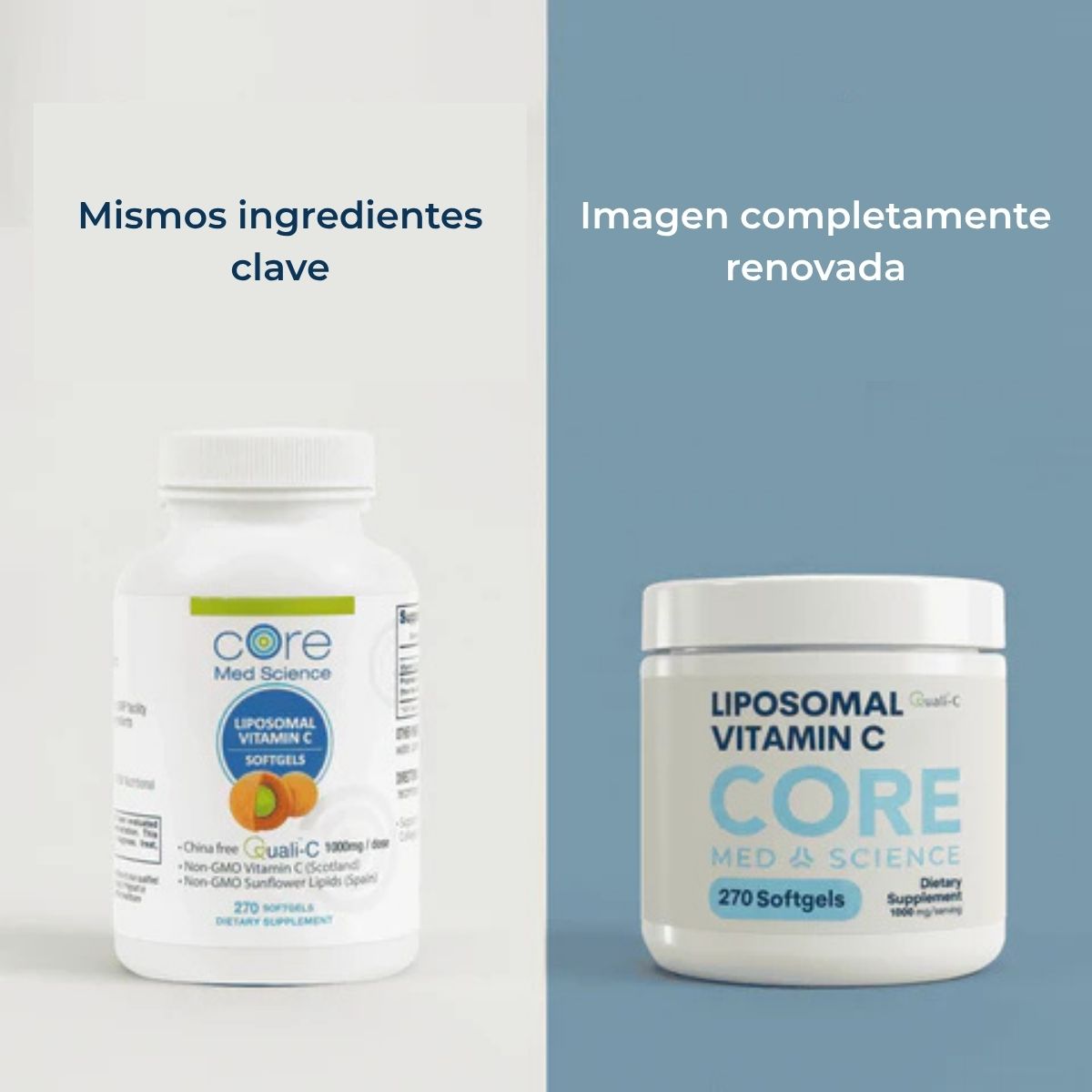 Envase de Core Med Science Vitamina C Liposomal de 270 cápsulas blandas comparando la nueva presentación
