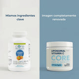 Envase de Core Med Science Vitamina C Liposomal de 270 cápsulas blandas comparando la nueva presentación