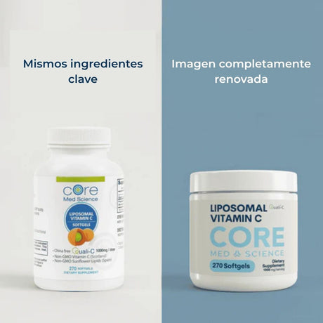 Envase de Core Med Science Vitamina C Liposomal de 270 cápsulas blandas comparando la nueva presentación