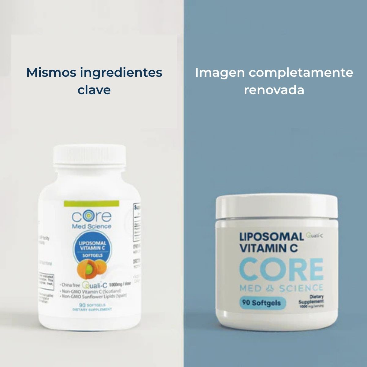 Envase de Core Med Science Vitamina C Liposomal de 90 cápsulas blandas comparando la nueva presentación