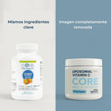 Envase de Core Med Science Vitamina C Liposomal de 90 cápsulas blandas comparando la nueva presentación