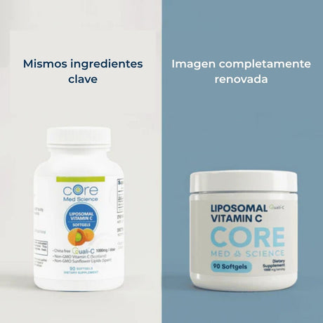 Envase de Core Med Science Vitamina C Liposomal de 90 cápsulas blandas comparando la nueva presentación