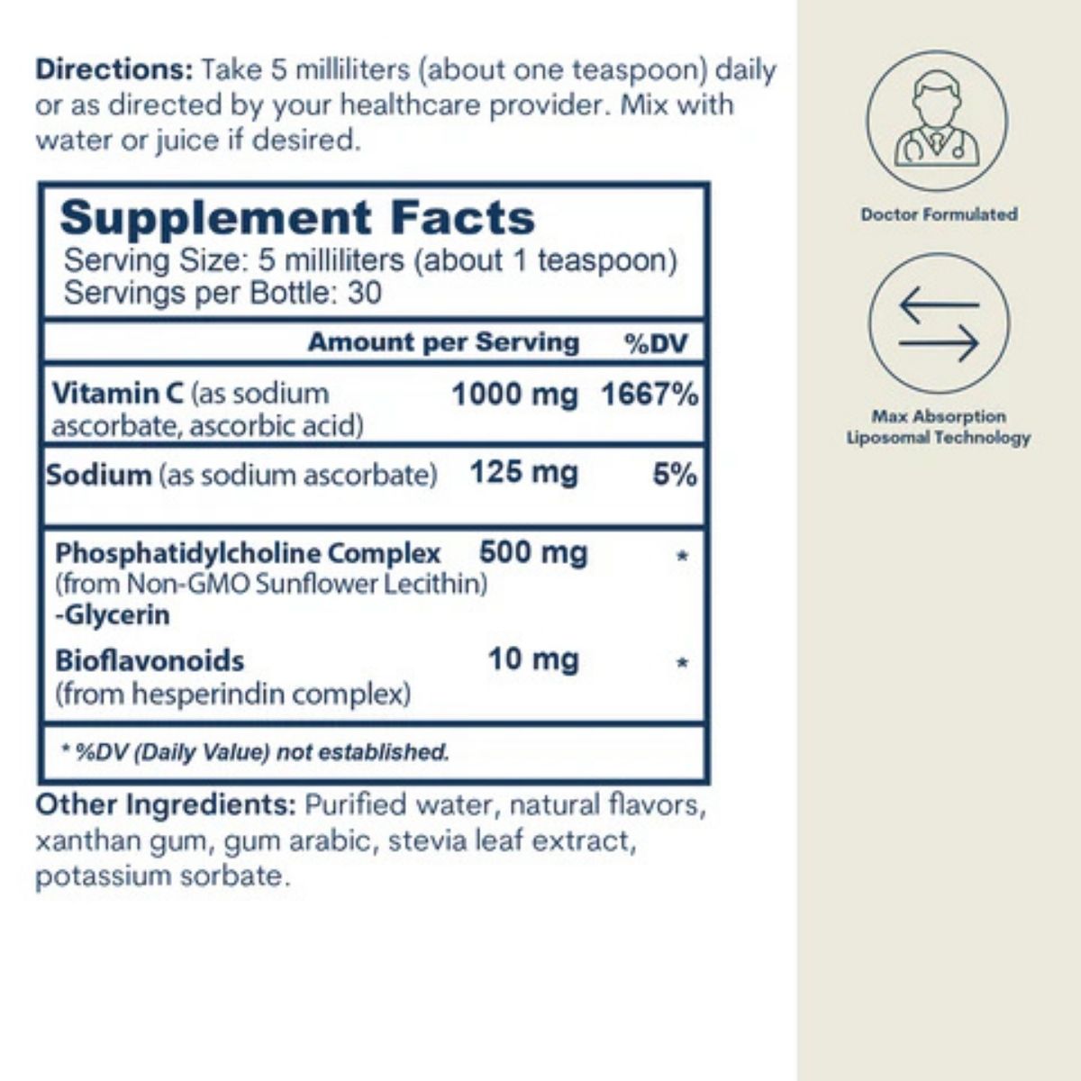Etiqueta de información suplementaria de Core Med Science Vitamina C Liposomal sabor girasol de 150 ml