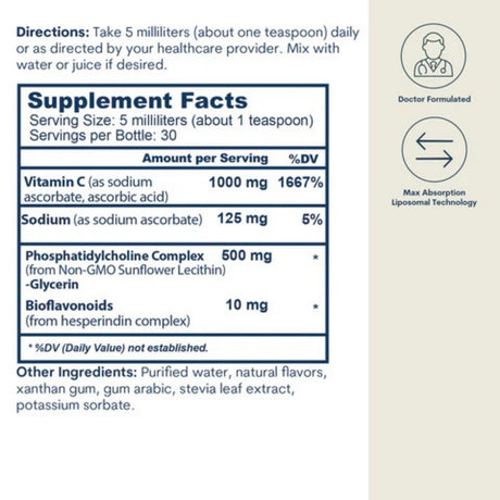 Etiqueta de información suplementaria de Core Med Science Vitamina C Liposomal sabor girasol de 150 ml