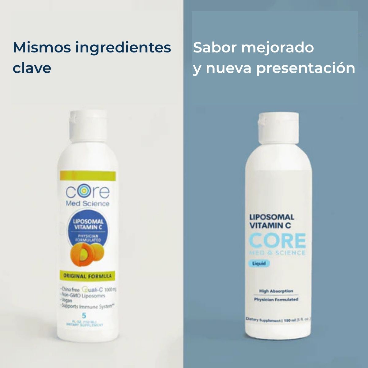 Botellas de Core Med Science Vitamina C Liposomal sabor girasol de 150 ml comparando la nueva presentación