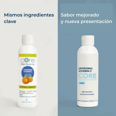 Botellas de Core Med Science Vitamina C Liposomal sabor girasol de 150 ml comparando la nueva presentación