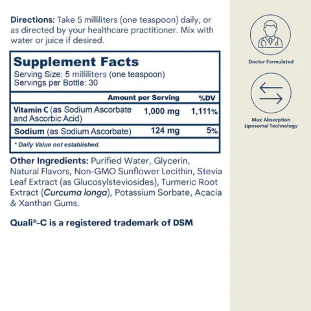 Etiqueta de información suplementaria de Core Med Science Vitamina C Liposomal sabor naranja de 150 ml
