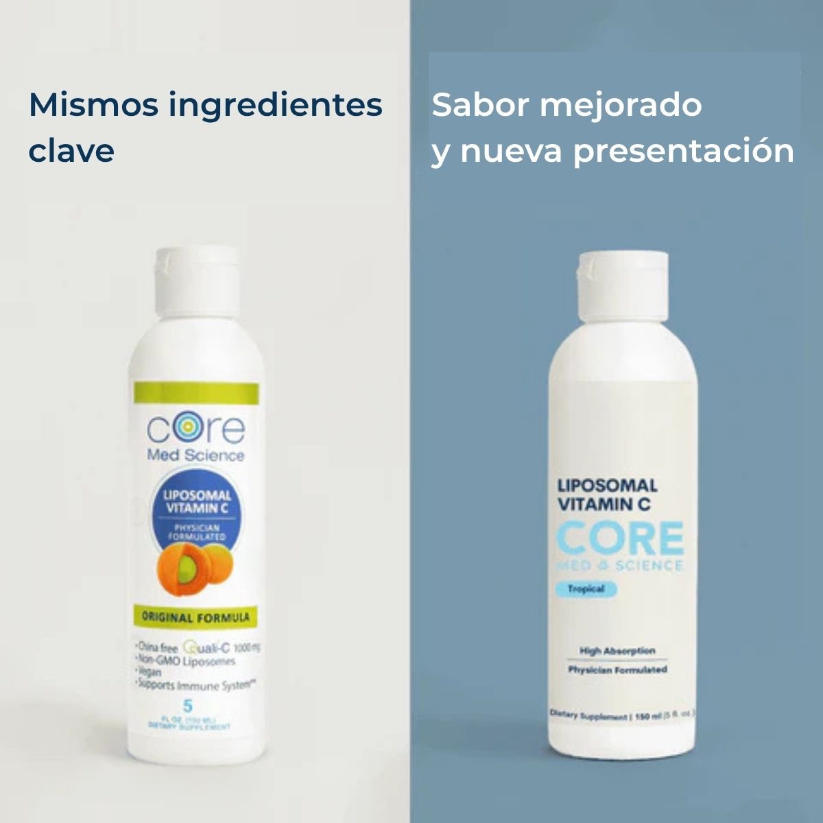 Botella de Core Med Science Vitamina C Liposomal sabor naranja de 150 ml comparando la nueva presentación