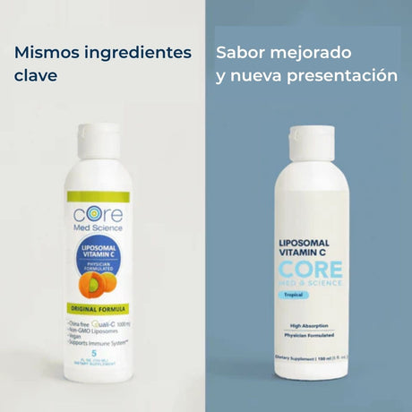 Botella de Core Med Science Vitamina C Liposomal sabor naranja de 150 ml comparando la nueva presentación