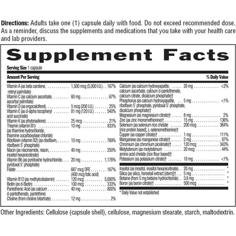 Tabla nutricional del suplemento Country Life Daily Total One Multivitamínico Sin Hierro 60 Cápsulas