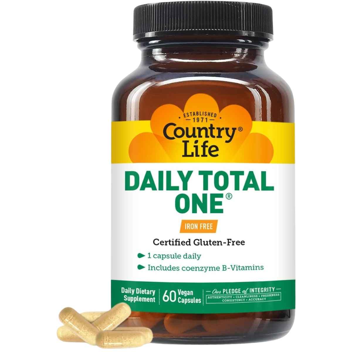 Frasco de suplemento Country Life Daily Total One Multivitamínico Sin Hierro 60 Cápsulas