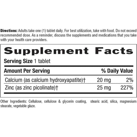 Tabla nutricional del suplemento Country Life Picolinato de Zinc 25 mg 100 tabletas