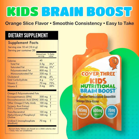 Tabla nutricional del suplemento Cover Three Fórmula Nutricional Cerebral para Niños Sabor Naranja 20 Bolsitas