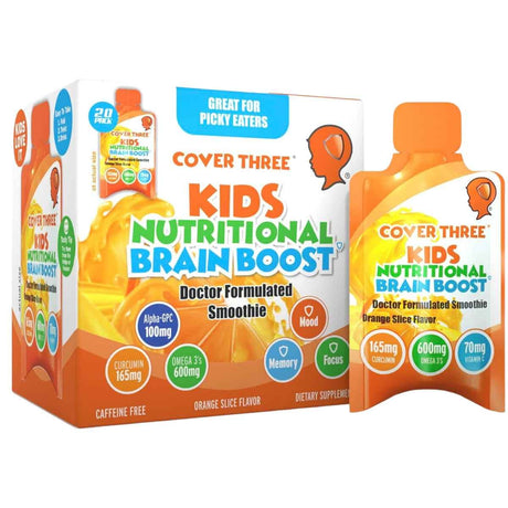Caja de suplemento Cover Three Fórmula Nutricional Cerebral para Niños Sabor Naranja 20 Bolsitas