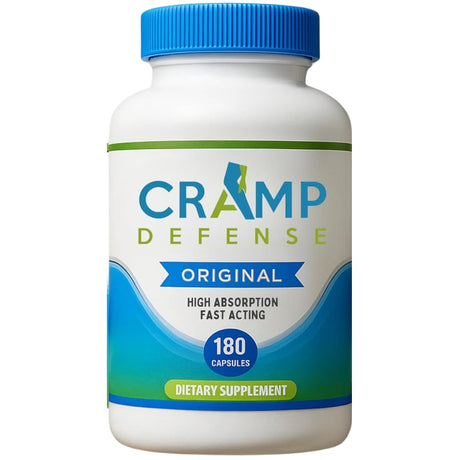 Frasco de Cramp Defense Original con información del suplemento y presentación de 180 cápsulas